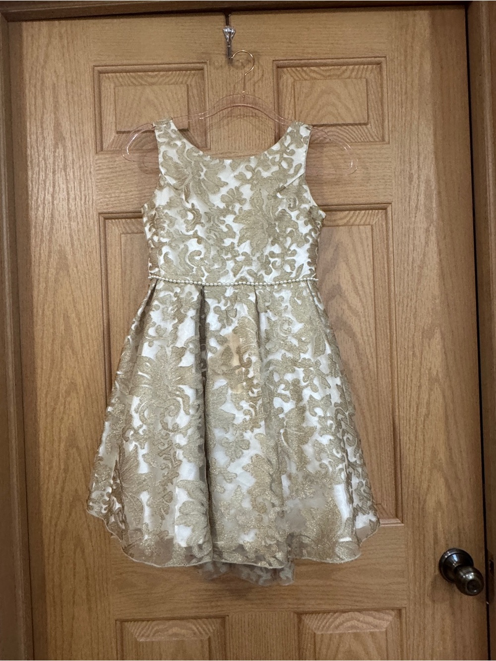 Authentic Biscotti Girls Size 12 Metallic Gold Lace & Pearl Formal Dress